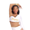 model wearing custom dance uniform, front detail