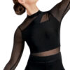 model wearing custom dance bodysuit and palazzo pants, detail