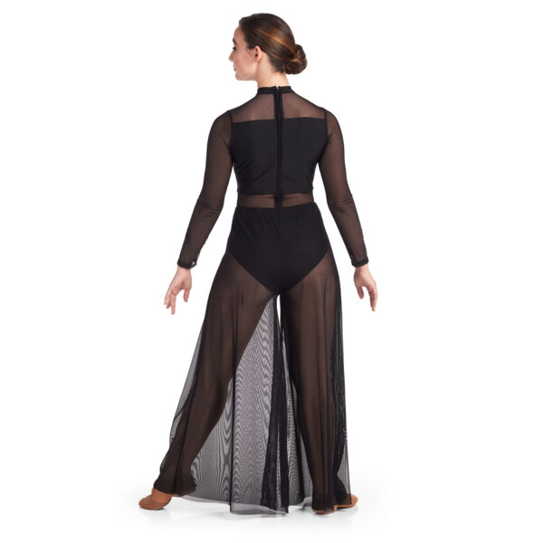 model wearing custom dance bodysuit and palazzo pants, back view