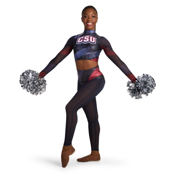 pom squad model posing with poms in a printed navy, red, and black team uniform, left front three-quarters view