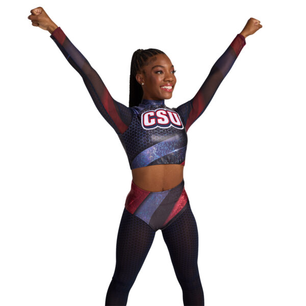 pom squad model posing in a printed navy, red, and black team uniform, front detail
