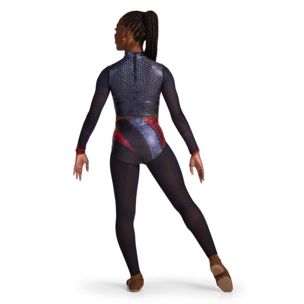 pom squad model posing in a printed navy, red, and black team uniform, back view