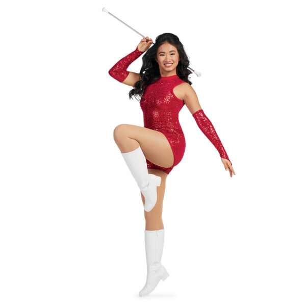 model wearing custom dance uniform, side three-quarters view