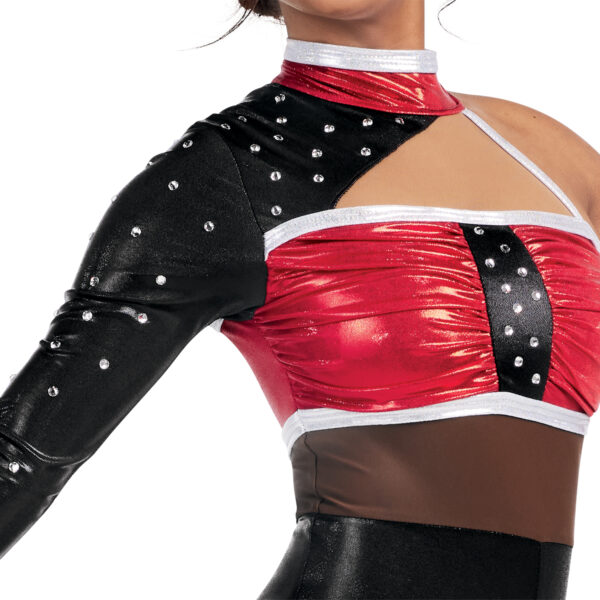 model wearing custom dance uniform, front view detail