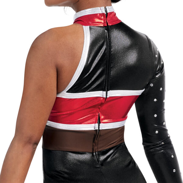 model wearing custom dance uniform, back view detail