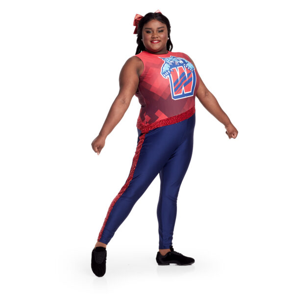 model wearing custom dance uniform, right three-quarters view