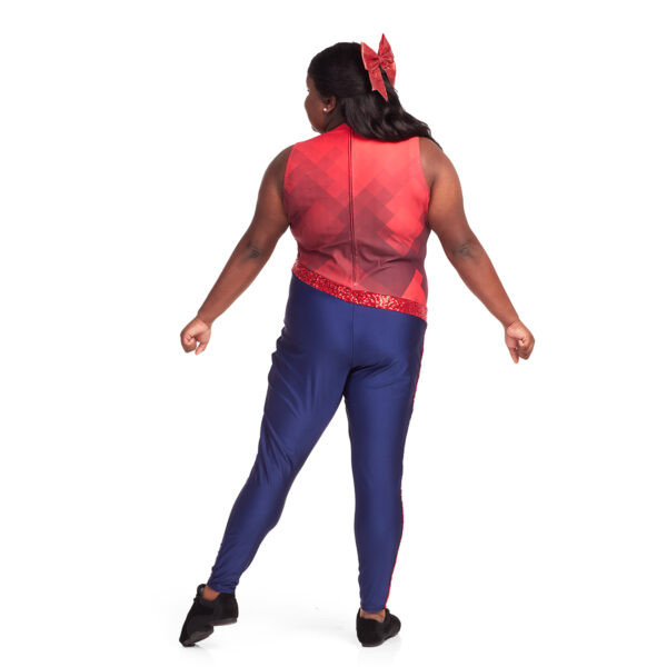 model wearing custom dance uniform, back view
