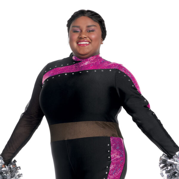 model wearing custom dance uniform, detail