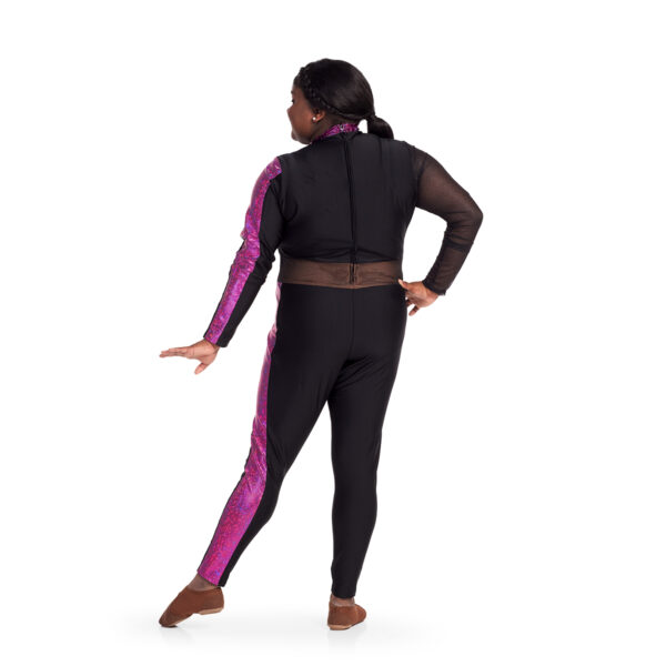 model wearing custom dance uniform, back view