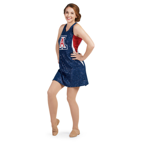 model wearing custom dance uniform, front left three-quarters