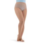 Model wearing Light Suntan Capezio Ultra Hold Stirrup Tights, Front Three-quarters View