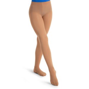 Model wearing light suntan capezio ultra soft transition tights, front three-quarters