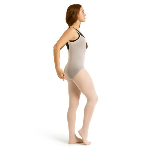 model wearing tan capezio body tights, side view