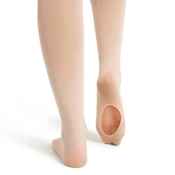 model wearing tan capezio body tights, foot detail