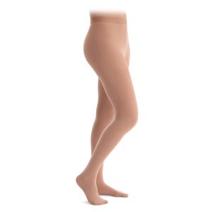 Capezio Hold and Stretch Footed Tights on a model, side view