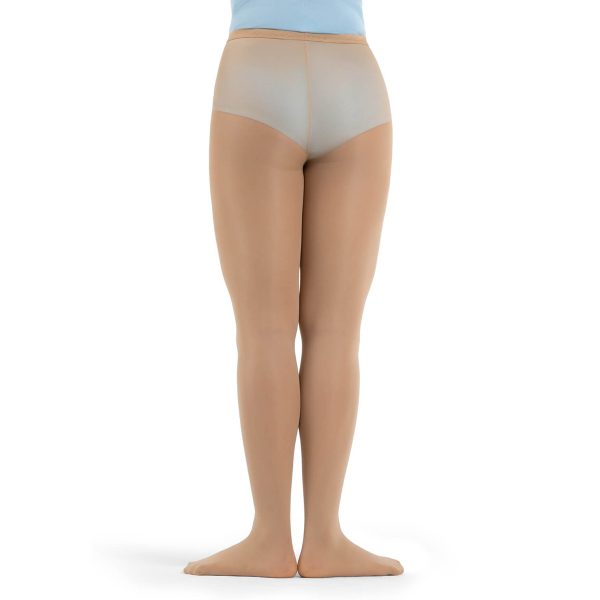 Model wearing caramel capezio hold and stretch footed tight, back view