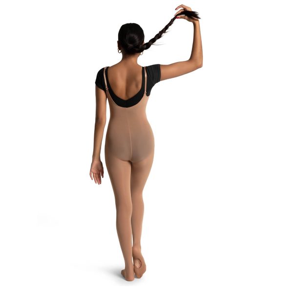 model wearing light suntan capezio convertible body tights, back view