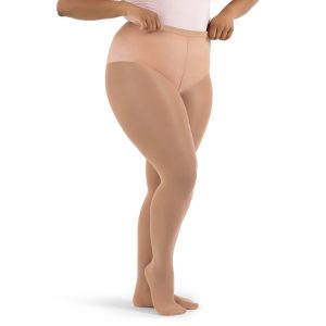 Model wearing light suntan capezio plus sized hold and stretch footed tight, front three-quarters view