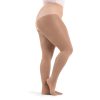 Model wearing light suntan capezio plus sized hold and stretch footed tight, side view