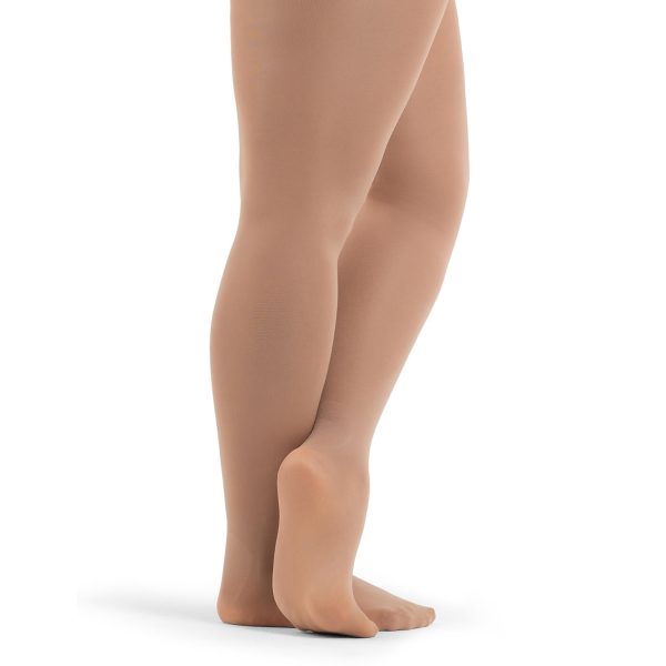 Model wearing light suntan capezio plus sized hold and stretch footed tight, heel detail