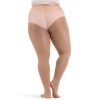 Model wearing light suntan capezio plus sized hold and stretch footed tight, back view