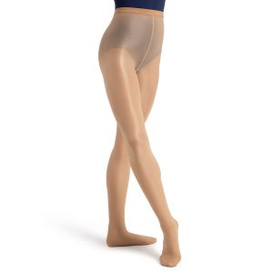 Model wearing caramel capezio ultra shimmery footed tight, front three-quarters view