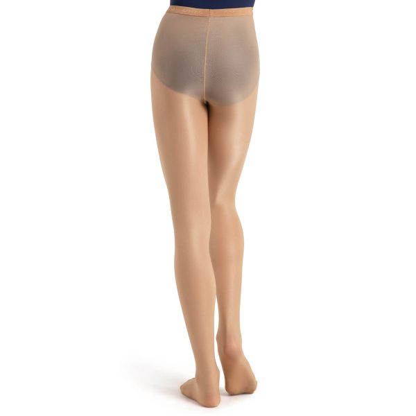 Model wearing caramel capezio ultra shimmery footed tight, back view