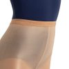 Model wearing caramel capezio ultra shimmery footed tight, waistband detail