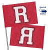 two single sided spirit flags on silver poles with the letter "R"