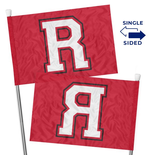 two single sided spirit flags on silver poles with the letter "R"