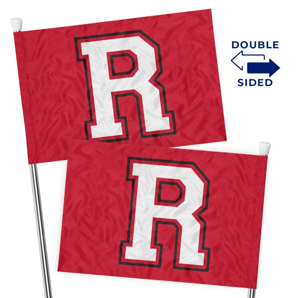 two double sided spirit flags on silver poles with the letter "R"