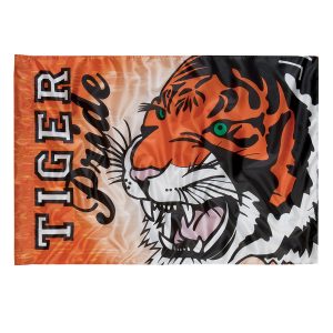 custom printed spirit flag orange, black, and white with tiger logo