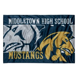 custom printed spirit flag blue and gold with mustang logo