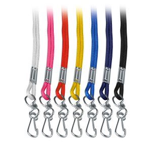 collection on lanyards in white, neon pink, red, yellow, royal, navy, and black with silver clasps