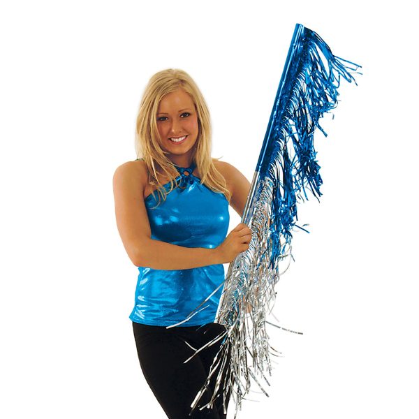 half silver half ice blue decorated dance stick held by performer in royal top and black pants