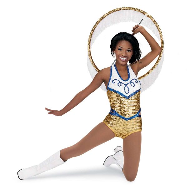 Star Line Hoop Trim Kit in gold sequin with white fringe with a model in a custom twirler uniform