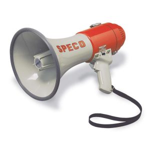 Speco ER-370 Deluxe bullhorn megaphone, front three-quarters view