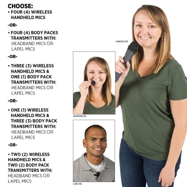 models demonstrating Anchor Audio Megavox 2 Deluxe Air Package 4 microphone options