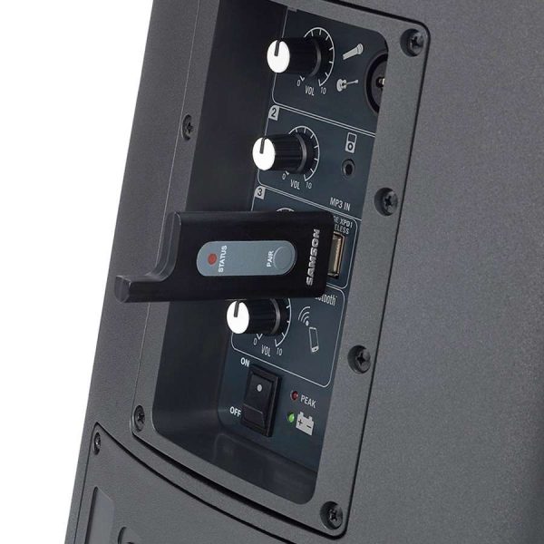 Samson Expedition PA XP106W with Handheld Mic receiver plugged into back of PA, detail view