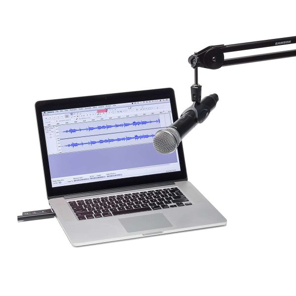 Samson XPD2 Digital Wireless Handheld Microphone with receiver attached to a laptop on a boom mic stand