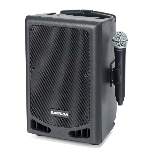 Samson Expedition XP208w Portable PA with microphone clipped on the side