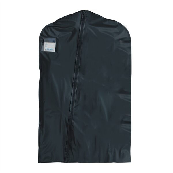 black vinyl garment bag, front view