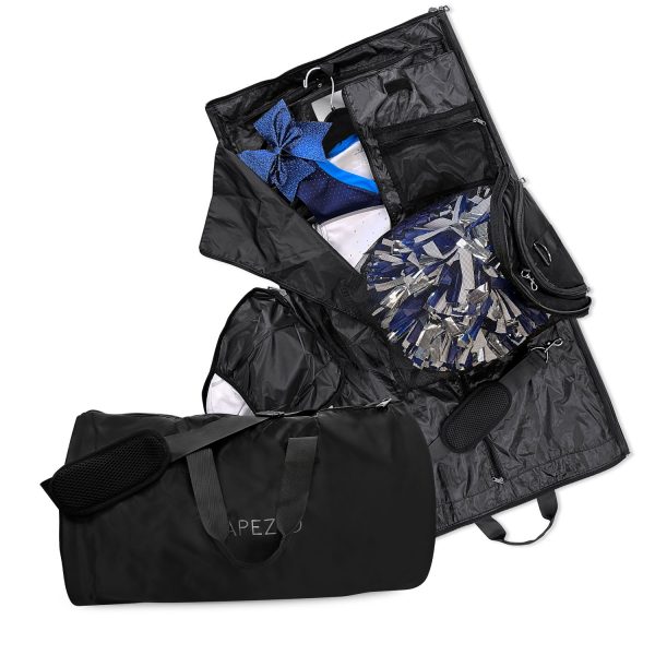 Capezio Garment Duffle Bag open with cheer uniform and accessories and closed side view
