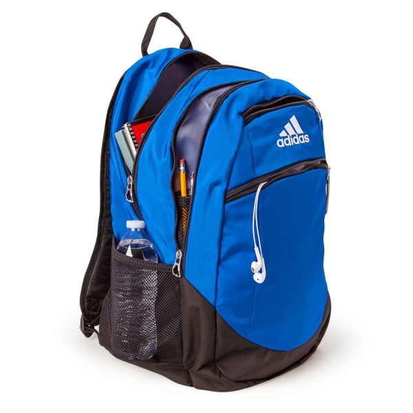 blue adidas Striker 2 Team Backpack, front three-quarters with accessories