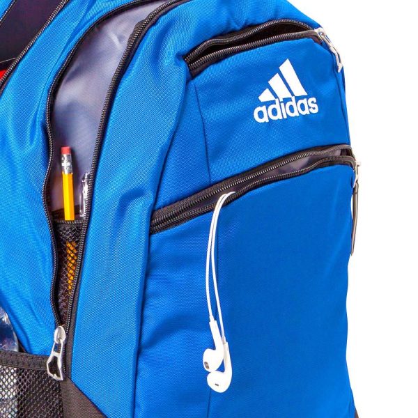 blue adidas Striker 2 Team Backpack, front detail with accessories