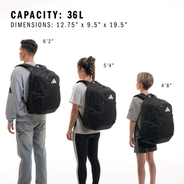 Three models showing size comparison of the adidas Striker 3 Team Backpack