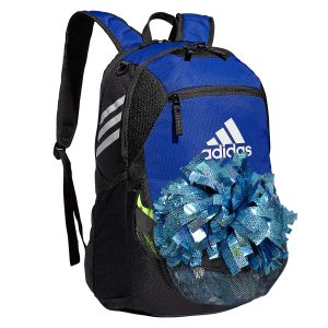 blue/black adidas Stadium 3 Backpack with light blue holographic pom