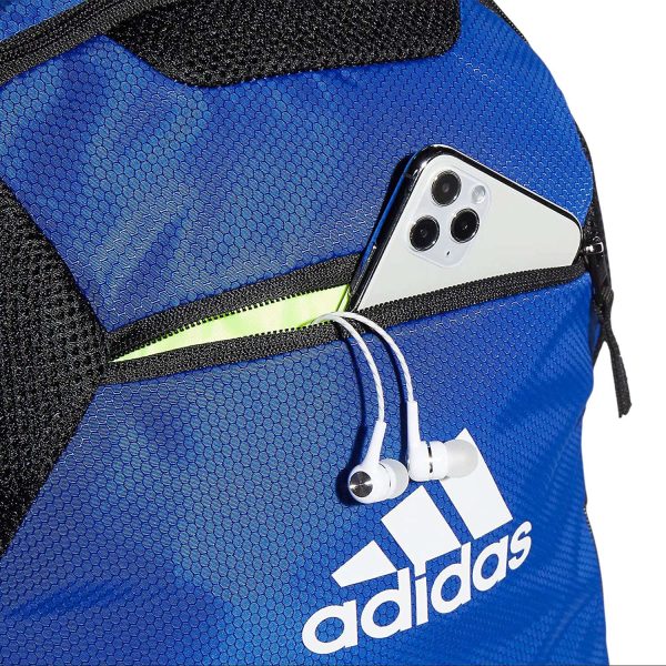 blue adidas Stadium 3 Backpack with accessories