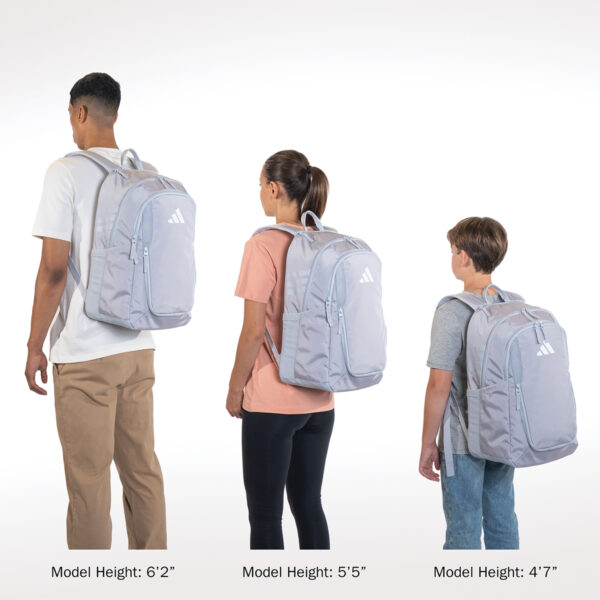 three models of various heights showing the adidas Stadium 4 Backpack size comparison