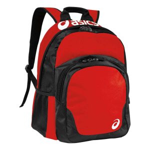 red Asics Team Backpack, front three-quarters view